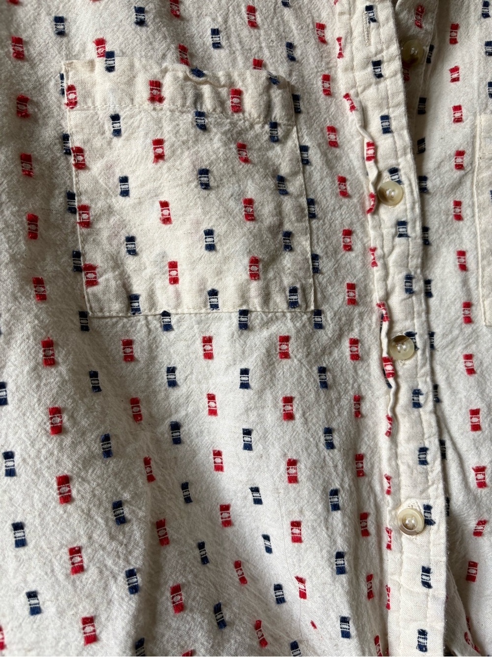 Sim & Sam Cream Button-Up Top with Red & Navy Dot Accents - Picture 2 of 6